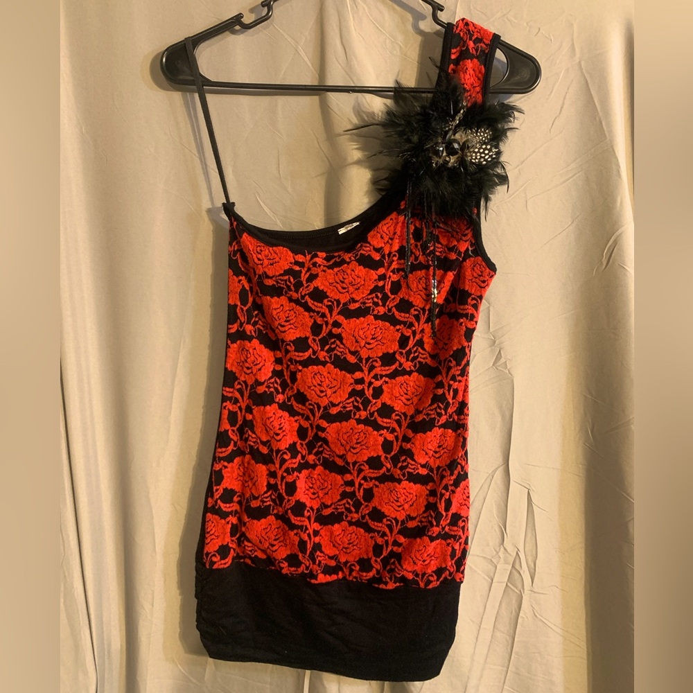 Vintage Black and Red off Shoulder top with Feather accent.
